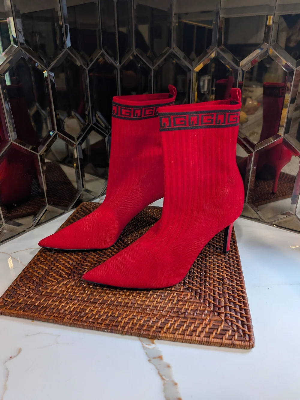 Guess Red Pointed-Toe Stiletto Sock Booties with Black Trim
